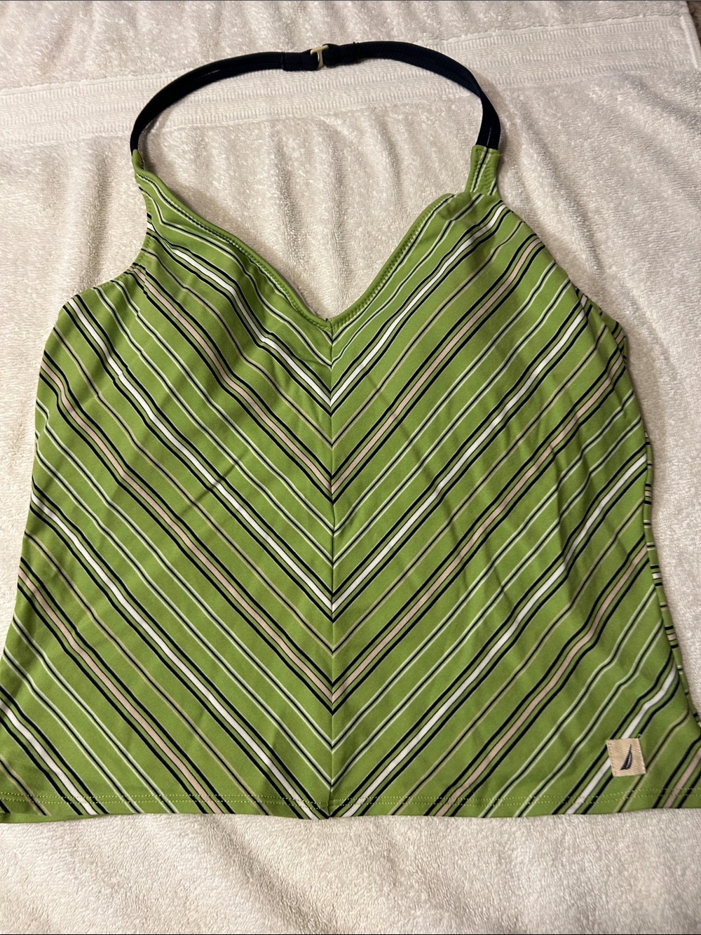 Nautica Green Striped Halter Tank Top with Navy Strap
